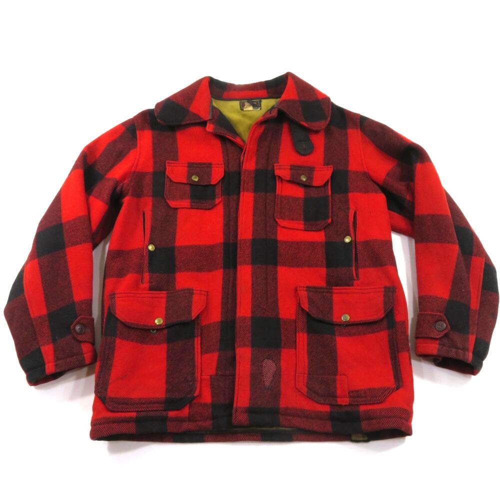 Woolrich Buffalo Plaid Hunting Jacket Wool 6 pocket Lumberjack Sz 42 1940s/50s